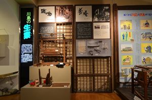 養蚕と織物の道具の展示写真