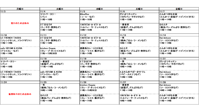11月分キッチンカー出店スケジュール、11月4日火曜日、モリトベーカリー、パンなど、11時から16時、3丁目はうす、たこやき・やきそばなど、11時から16時、11月5日水曜日、138アポルト・ル・ボヌール、トルティーヤ・串カツなど、10時から16時、86Coffee、コーヒーなど、11時から16時、11月6日木曜日、だいぶつキッチン、10円パン・やきとりなど、11時から15時、一番食堂、唐揚げ・どんぶりなど、10時から15時、11月7日金曜日、とんかつ田なか屋、とんかつ弁当など、11時から14時、ひととき、総菜パン・どんぶり・飲料など、11時～14時、11月10日月曜日、LE FRENCH TACOS、フレンチタコス・フライドポテトなど、11時から14時、cafe HIFUMI＆KURA、ドライカレーなど、11時から14時、11月11日火曜日、3丁目はうす、たこやき・やきそばなど、11時から16時、kitchen Coppia、クレープ・タコライスなど、11時から15時30分、11月12日水曜日、138アポルト・ル・ボヌール、トルティーヤ・串カツなど、10時から16時、淡路島カレーLC大垣店、カレーライス・豚丼など、11時から14時、11月13日木曜日、一笑、焼肉ごはん・ラーメンなど、10時から14時、ひととき、総菜パン・どんぶり・飲料など、11時～14時、11月14日金曜日、dai'skitchen、ソースカツ丼など、10時から14時、とんかつ田なか屋、とんかつ弁当など、11時から14時、11月17日月曜日、モリトベーカリー、パンなど、11時から16時、LE FRENCH TACOS、フレンチタコス・フライドポテトなど、11時から14時、11月18日火曜日、一番食堂、唐揚げ・どんぶりなど、10時から15時、cafe HIFUMI＆KURA、ドライカレーなど、11時から14時、11月19日水曜日、3丁目はうす、たこやき・やきそばなど、11時から16時、淡路島カレーLC大垣店、カレーライス・豚丼など、11時から14時、11月20日木曜日、一笑、焼肉ごはん・ラーメンなど、10時から14時、とよさんのべびーかすてら、ベビーカステラなど、10時から16時、11月21日金曜日、だいぶつキッチン、10円パン・やきとりなど、11時から15時、dai'skitchen、ソースカツ丼など、10時から14時、11月25日火曜日、一笑、焼肉ごはん・ラーメンなど、10時から14時、ひととき、総菜パン・どんぶり・飲料など、11時～14時、11月26日水曜日、kitchen Coppia、クレープ・タコライスなど、11時から15時30分、淡路島カレーLC大垣店、カレーライス・豚丼など、11時から14時、11月27日木曜日、一番食堂、唐揚げ・どんぶりなど、10時から15時、138アポルト・ル・ボヌール、トルティーヤ・串カツなど、10時から16時、11月28日金曜日、dai'skitchen、ソースカツ丼など、10時から14時、とんかつ田なか屋、とんかつ弁当など、11時から14時、