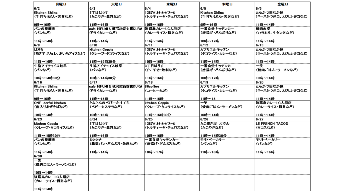 6月分キッチンカー出店スケジュール、6月2日月曜日、KitchenShiina、手打ちうどん・天丼など、9時から16時、パンの聖蘭光、パンなど、11時から14時、6月3日火曜日、3丁目はうす、たこやき・飲料など、11時から16時、cafe HIFUMI & KURA、ドライカレーなど、11時から14時、6月4日水曜日、138アポルト・ル・ボヌール、トルティーヤ・チュロスなど、10時から16時、淡路島カレーLC大垣店、カレーライス・豚丼など、11時から14時、6月5日木曜日、KitchenShiina、手打ちうどん・天丼など、9時から16時、一番食堂キッチンカー、唐揚げ・どんぶりなど、10時から17時、6月6日金曜日、とんかつ田なか屋、お弁当など、11時から14時、焼肉永楽、ハラミ丼、牛タン丼など、11時から14時、6月9日月曜日、生協アイチョイス岐阜、パンなど、10時から14時30分、はりろ、焼き芋ブリュレ・おいもアイスなど、11時から16時、6月10日火曜日、生協アイチョイス岐阜、パンなど、10時から14時30分、kitchen Coppia、クレープ・タコライスなど、11時から15時30分、6月11日水曜日、138アポルト・ル・ボヌール、トルティーヤ・チュロスなど、10時から16時、3丁目はうす、たこやき・飲料など、11時から16時、6月12日木曜日、一番食堂キッチンカー、唐揚げ・どんぶりなど、10時から17時、ガブリエルキッチン、タコライス・カレーなど、11時から14時、6月13日金曜日、とんかつ田なか屋、お弁当など、11時から14時、一笑、焼肉ごはん・ラーメンなど、10時から14時、6月16日月曜日、KitchenShiina、手打ちうどん・天丼など、9時から16時、ONEderful kitchen、鹿肉入りまぜそばなど、10時から14時、6月17日火曜日、cafe HIFUMI & KURA、ドライカレーなど、11時から14時、とよさんのべびーかすてら、ベビーカステラなど、10時から16時、6月18日水曜日、kitchen Coppia、クレープ・タコライスなど、11時から15時30分、86coffee、コーヒーなど、11時から16時、6月19日木曜日、一笑、焼肉ごはん・ラーメンなど、10時から14時、ガブリエルキッチン、タコライス・カレーなど、11時から15時、6月20日金曜日、とんかつ田なか屋、お弁当など、11時から14時、淡路島カレーLC大垣店、カレーライス・豚丼など、11時から14時、6月23日月曜日、kitchen Coppia、クレープ・タコライスなど、11時から15時30分、パンの聖蘭光、パンなど、11時から14時、6月24日火曜日、3丁目はうす、たこやき・飲料など、11時から16時、ひととき、総菜パン・どんぶり・飲料など、11時～14時、6月25日水曜日、138アポルト・ル・ボヌール、トルティーヤ・チュロスなど、10時から16時、一番食堂キッチンカー、唐揚げ・どんぶりなど、10時から17時、6月26日木曜日、モリトベーカリー、パンなど、11時から16時、たこ焼き屋 えでん、たこやきなど、11時から14時30分、6月27日金曜日、モリトベーカリー、パンなど、11時から16時、LE FRENCH TACOS、タコスなど、11時から14時、6月30日月曜日、一笑、焼肉ごはん・ラーメンなど、10時から14時、淡路島カレーLC大垣店、カレーライス・豚丼など、11時から14時、