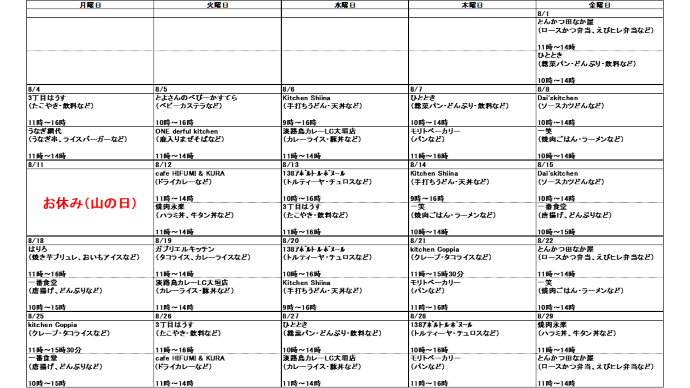 8月分キッチンカー出店スケジュール、8月1日金曜日、とんかつ田なか屋、とんかつ弁当など、11時から14時、ひととき、総菜パン・どんぶり・飲料など、11時～14時、8月4日月曜日、3丁目はうす、たこやき・やきそばなど、11時から16時、うなぎ網代、うなぎ串・ライスバーガーなど、11時から14時、8月5日火曜日、とよさんのべびーかすてら、ベビーカステラなど、10時から16時、ONEderful kitchen、鹿肉入りまぜそばなど、11時から14時、8月6日水曜日、KitchenShiina、手打ちうどん・天丼など、9時から16時、淡路島カレーLC大垣店、カレーライス・豚丼など、11時から14時、8月7日木曜日、ひととき、総菜パン・どんぶり・飲料など、10時～14時、モリトベーカリー、パンなど、11時から16時、8月8日金曜日、dai'skitchen、ソースカツ丼など、10時から14時、一笑、焼肉ごはん・ラーメンなど、10時から14時、8月12日火曜日、cafeHIFUMI&KURA、ドライカレーなど、11時から14時、焼肉永楽、ハラミ丼・牛タン丼など、11時から14時、8月13日水曜日、138アポルト・ル・ボヌール、トルティーヤ・串カツなど、10時から16時、3丁目はうす、たこやき・やきそばなど、11時から16時、8月14日木曜日、KitchenShiina、手打ちうどん・天丼など、9時から16時、一笑、焼肉ごはん・ラーメンなど、10時から14時、8月15日金曜日、dai'skitchen、ソースカツ丼など、10時から14時、一番食堂、唐揚げ・どんぶりなど、10時から15時、8月18日月曜日、はりろ、焼き芋ブリュレ・おいもアイスなど、11時から16時、一番食堂、唐揚げ・どんぶりなど、10時から15時、 8月19日火曜日、ガブリエルキッチン、タコライス・カレーライスなど、11時から14時、淡路島カレーLC大垣店、カレーライス・豚丼など、11時から14時、8月20日水曜日、138アポルト・ル・ボヌール、トルティーヤ・串カツなど、10時から16時、KitchenShiina、手打ちうどん・天丼など、9時から16時、8月21日木曜日、kitchen Coppia、クレープ・タコライスなど、11時から15時30分、モリトベーカリー、パンなど、11時から16時、8月22日金曜日、とんかつ田なか屋、とんかつ弁当など、11時から14時、一笑、焼肉ごはん・ラーメンなど、10時から14時、8月25日月曜日、kitchen Coppia、クレープ・タコライスなど、11時から15時30分、一番食堂、唐揚げ・どんぶりなど、10時から15時、8月26日火曜日、3丁目はうす、たこやき・やきそばなど、11時から16時、cafeHIFUMI&KURA、ドライカレーなど、11時から14時、8月27日水曜日、ひととき、総菜パン・どんぶり・飲料など、10時～14時、淡路島カレーLC大垣店、カレーライス・豚丼など、11時から14時、8月28日木曜日、138アポルト・ル・ボヌール、トルティーヤ・串カツなど、10時から16時、モリトベーカリー、パンなど、11時から16時、8月29日金曜日、焼肉永楽、ハラミ丼・牛タン丼など、11時から14時、とんかつ田なか屋、とんかつ弁当など、11時から14時、