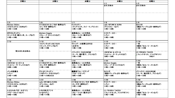 1月分キッチンカー出店スケジュール、1月5日月曜日、KitchenShiina、手打ちうどん・天丼など、11時から15時、ぴろりんキッチン、トンテキ丼・豚タン丼・スープなど、11時から14時、1月6日火曜日、3丁目はうす、たこやき・飲料など、11時から16時、kitchen Coppia、クレープ・タコライスなど、11時から15時、1月7日水曜日、K'sキッチン、丼、サンドイッチ、ドリンクなど、11時~14時、淡路島カレーLC大垣店、カレーライス・豚丼など、11時から14時、1月8日木曜日、cafeHIFUMI&KURA、ドライカレーなど、11時から14時、モリトベーカリー、パンなど、11時から16時、1月9日金曜日、ひととき、総菜パン・どんぶり・飲料など、11時から14時、1月13日火曜日、コリアンキッチンDETOUR、キンパ・ビビンバなど、11時から14時、1月14日水曜日、ヴァンドール紫園、お弁当など、11時から14時、パティスリーKAGUNOMI、ケーキ、焼き菓子、プリンなど、11時から14時、1月15日木曜日、モリトベーカリー、パンなど、11時から16時、138アポルト・ル・ボヌール、トルティーヤ・チュロスなど、10時から16時、1月16日金曜日、一笑、焼肉ごはん・ラーメンなど、10時から14時、LE FRECH TACOS、フレンチタコス・フライドポテトなど、11時から14時、1月19日月曜日、138アポルト・ル・ボヌール、トルティーヤ・チュロスなど、10時から16時、パンの聖蘭光、パンなど、11時から14時、1月20日火曜日、3丁目はうす、たこやき・飲料など、11時から16時、だいぶつキッチン、10円パン・やきとりなど、11時~15時、1月21日水曜日、淡路島カレーLC大垣店、カレーライス・豚丼など、11時から14時、麒麟屋フルーツサンド、フルーツサンド・かき氷など、10時から16時、1月22日木曜日、kitchen Coppia、クレープ・タコライスなど、11時から15時、ひととき、総菜パン・どんぶり・飲料など、11時から14時、1月23日金曜日、パティスリーKAGUNOMI、ケーキ・焼き菓子・プリンなど、11時から14時、一笑、焼肉ごはん・ラーメンなど、10時から14時、1月26日月曜日、KitchenShiina、手打ちうどん・天丼など、11時から15時、とよさんのべびーかすてら、ベビーカステラなど、10時から16時、1月27日火曜日、cafeHIFUMI&KURA、ドライカレーなど、11時から14時、いなり寿司アワイ、いなりずしなど、11時から14時、1月28日水曜日、3丁目はうす、たこやき・飲料など、11時から16時、淡路島カレーLC大垣店、カレーライス・豚丼など、11時から14時、1月29日木曜日、モリトベーカリー、パンなど、11時から16時、LE FRECH TACOS、フレンチタコス・フライドポテトなど、11時から14時、1月30日金曜日、ひととき、総菜パン・どんぶり・飲料など、11時から14時、一笑、焼肉ごはん・ラーメンなど、10時から14時、