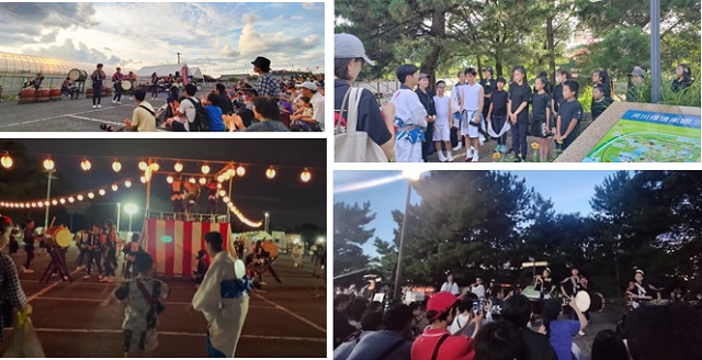 地域のお祭りで和太鼓を演奏する団体メンバー