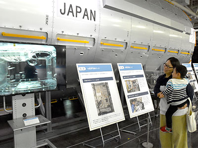 展示を眺める親子の写真