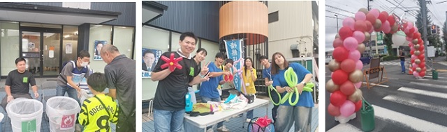 バルーンアートをする松田さん、シニアリーダーと、ごみ案内のボランティアに従事するみなさん