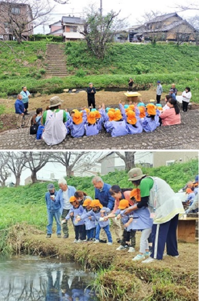 放流をする園児と見守る先生、南町ホタルの会の皆さん