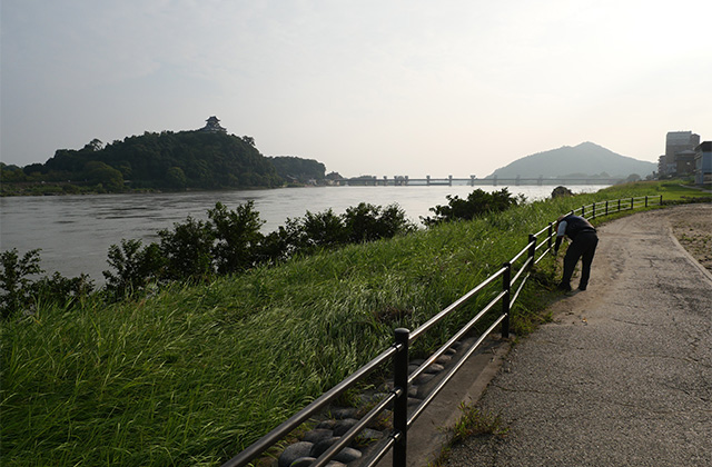 増水した木曽川と濁流に洗われた河畔遊歩道の写真