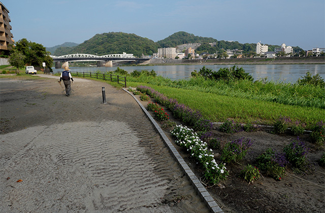 増水した木曽川と濁流に洗われた河畔遊歩道の写真