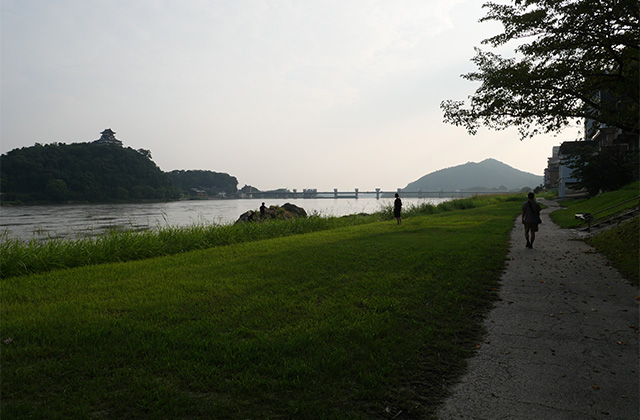 増水した木曽川と濁流に洗われた河畔遊歩道の写真